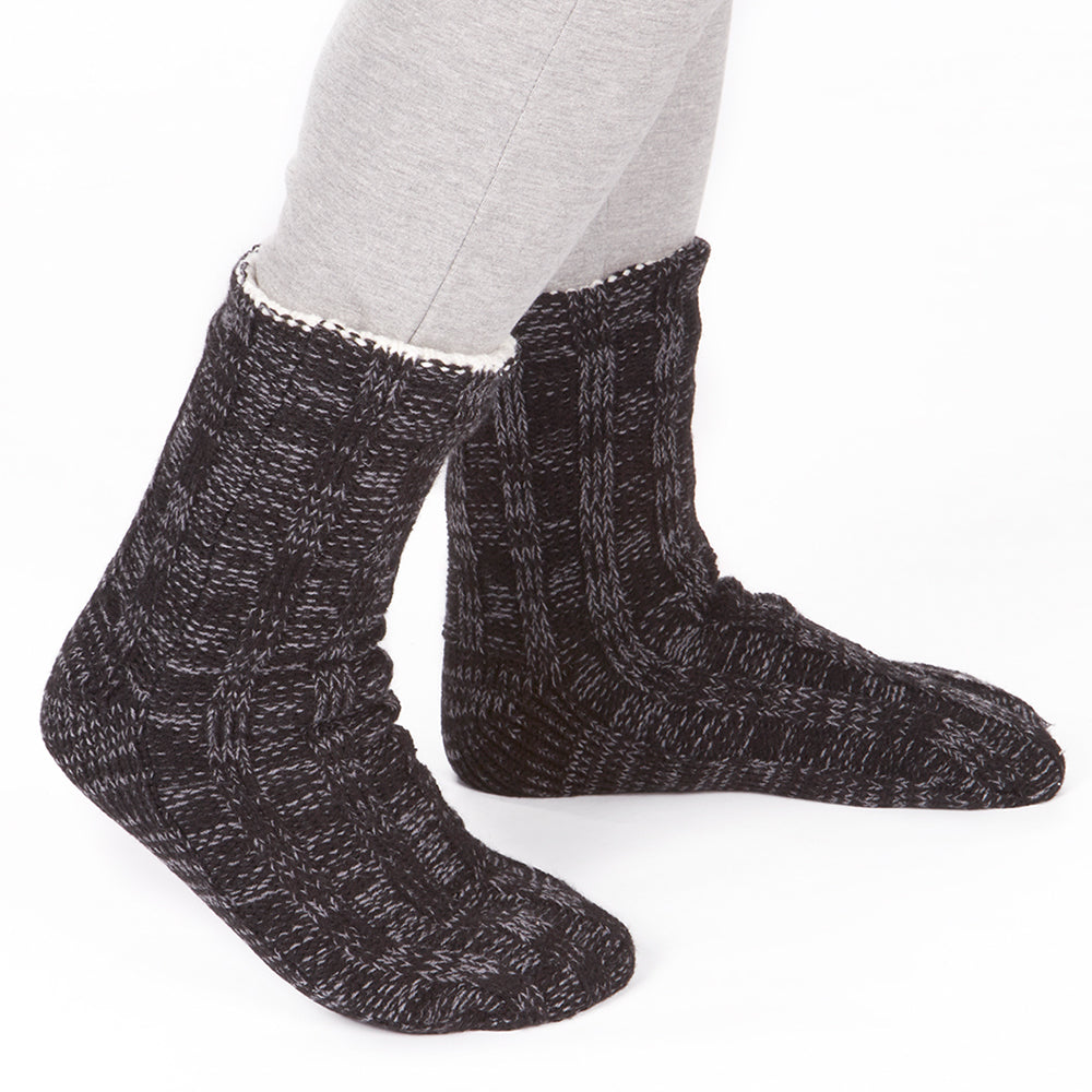 Mens Cable Knit Black Slipper Socks