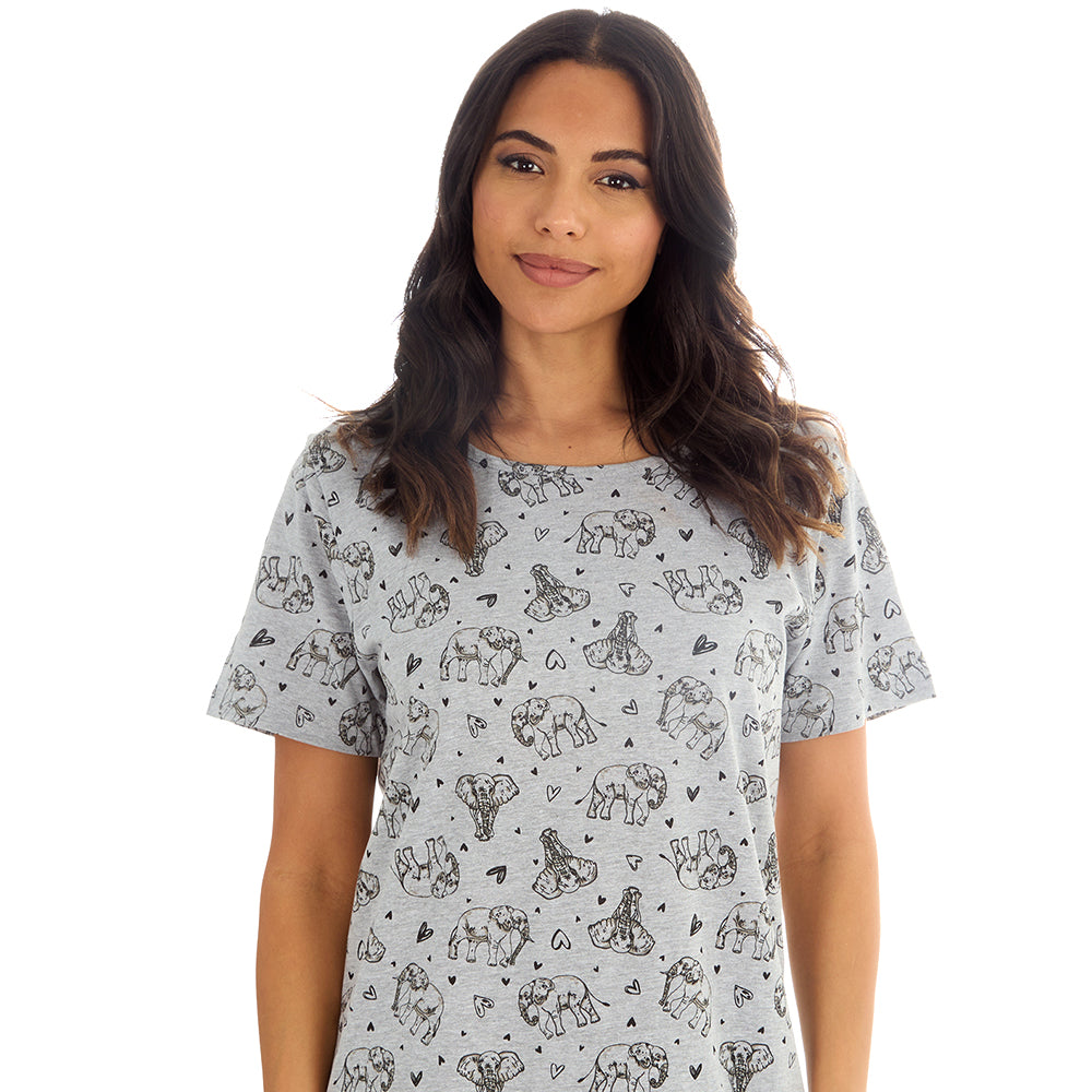 Ladies Short Sleeve Elephants Print Grey Nigthie