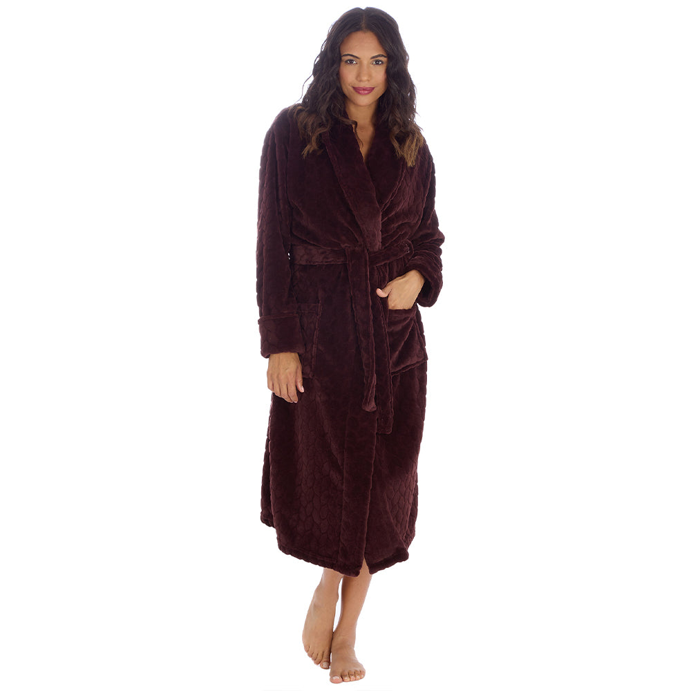 Ladies Chocolate Textured Shawl Collar Dressing Gown