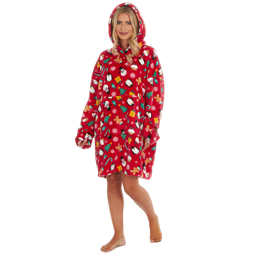 Ladies Red Christmas Print Blanket Hoodie