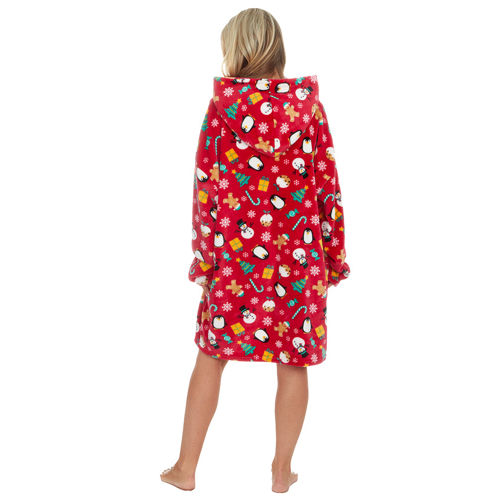 Ladies Red Christmas Print Blanket Hoodie