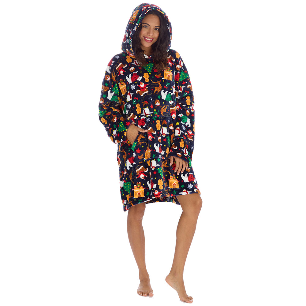 Ladies Navy Christmas Fleece Blanket Hoodie