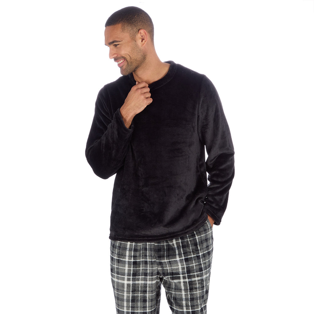 Mens Black Check Fleece Pyjama Set