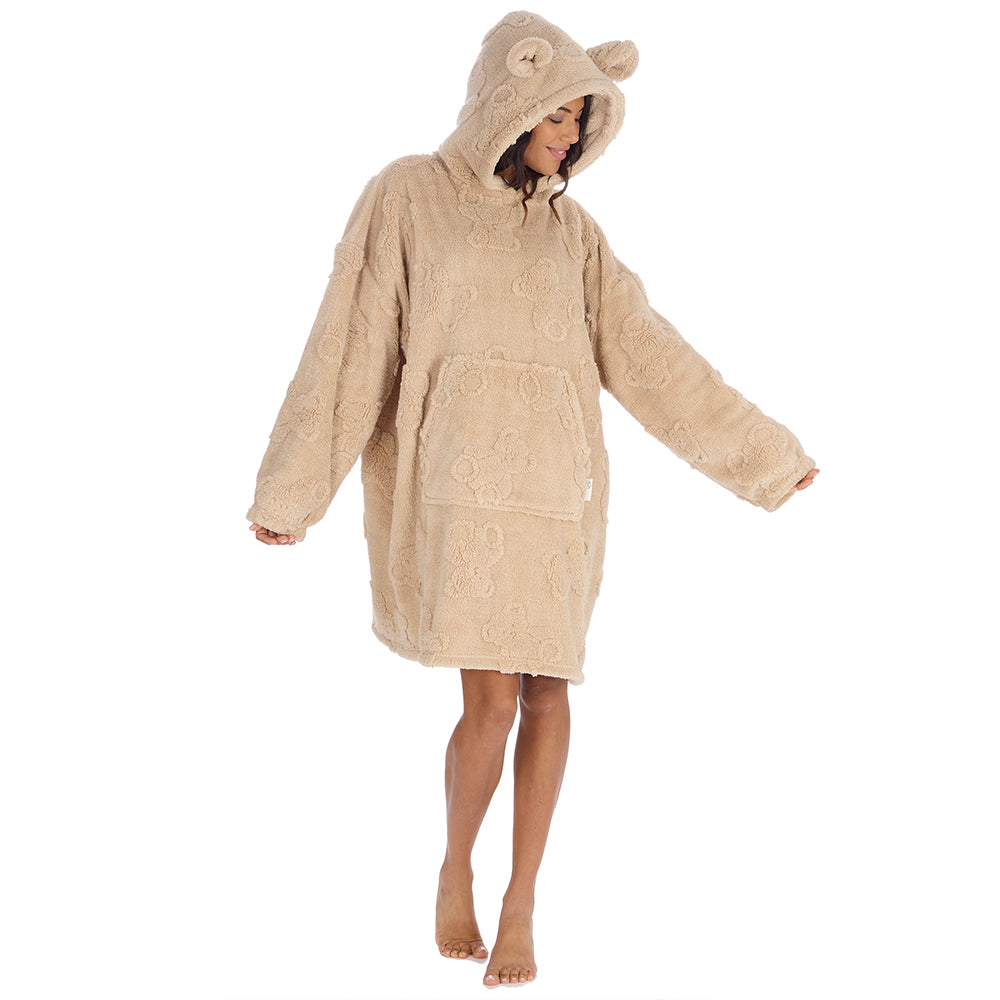 Ladies Beige Teddy Bear Textured Blanket Hoodie