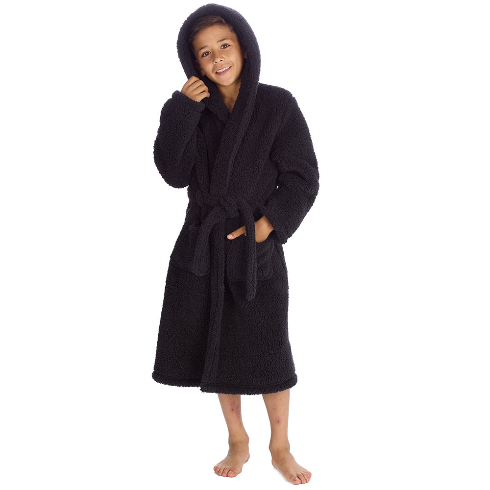 Boys Black Teddy Fleece Dressing Gown