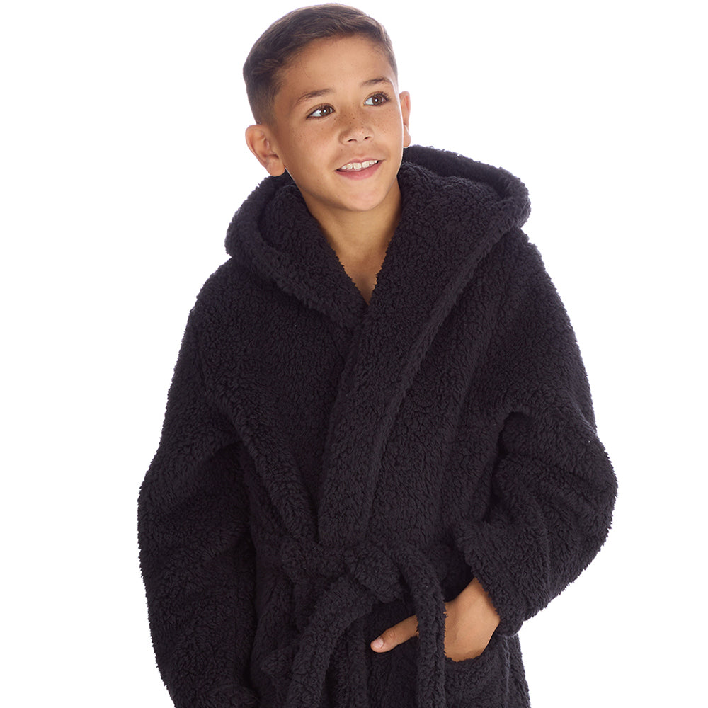 Boys Black Teddy Fleece Dressing Gown