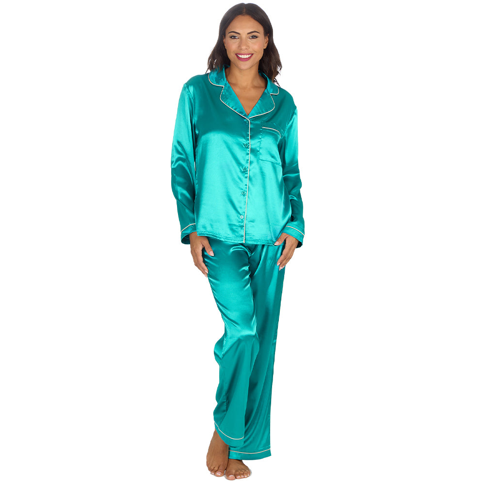 Ladies Teal Silky Satin Long Pyjama Set