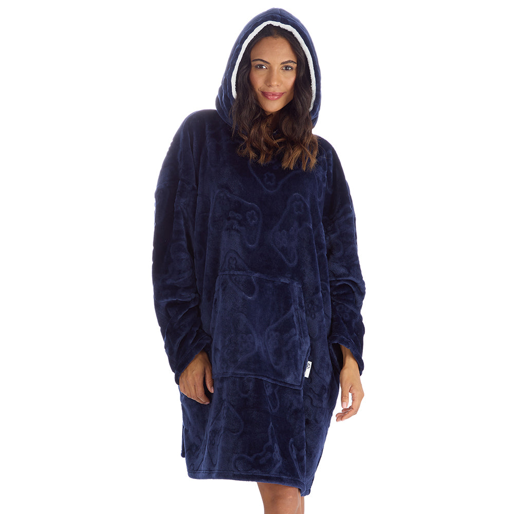 Ladies Navy Gamer Embossed Blanket Hoodie