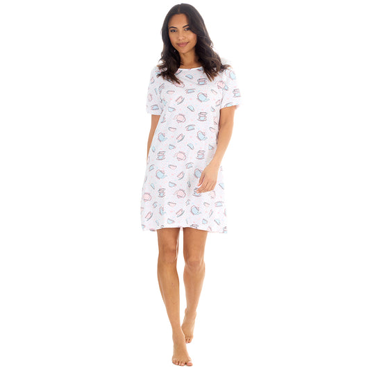 Ladies Short Sleeve Teatime Print White Nigthie