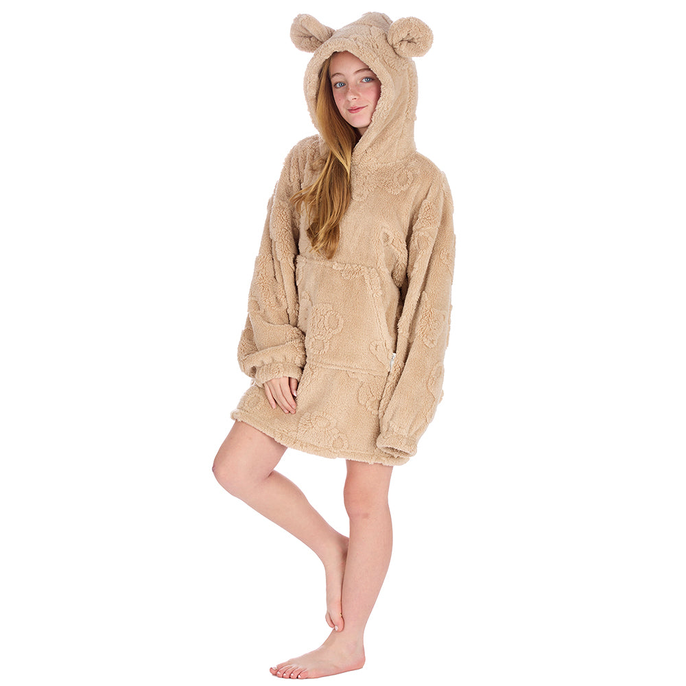 Girls Beige Teddy Bear Textured Blanket Hoodie