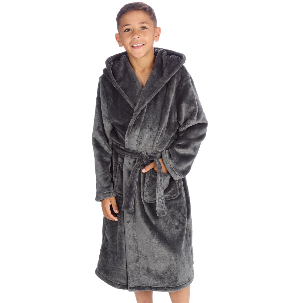 Boys Plain Charcoal Hooded Dressing Gown