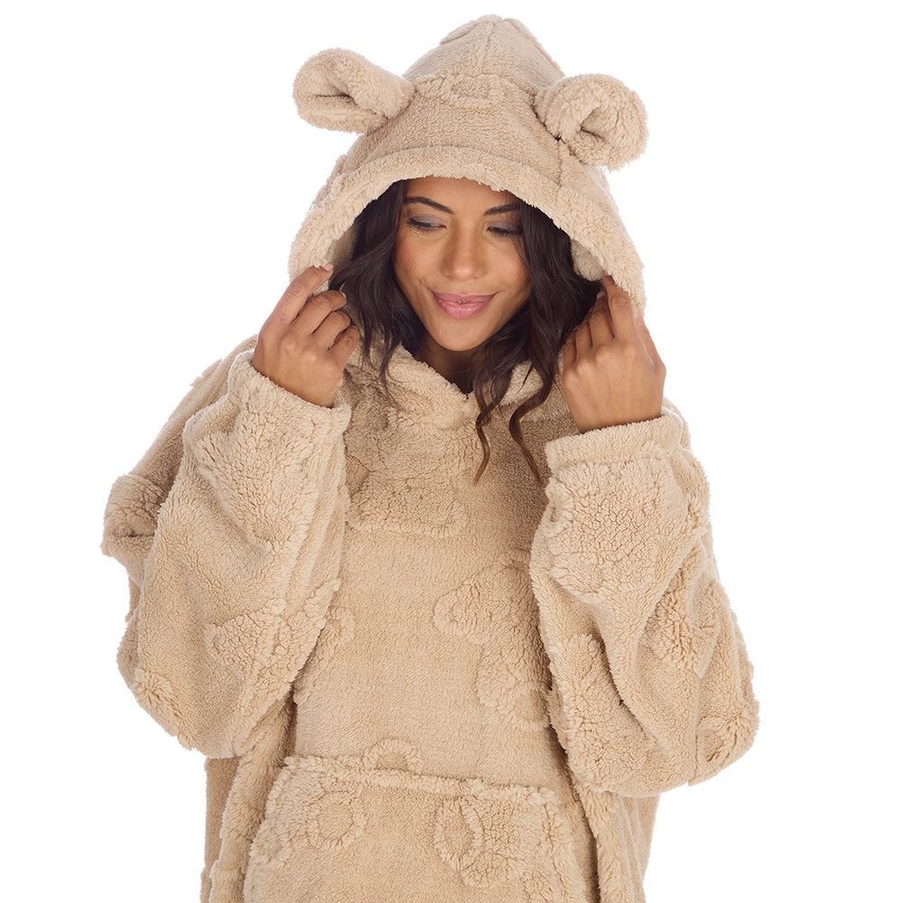 Ladies Beige Teddy Bear Textured Blanket Hoodie