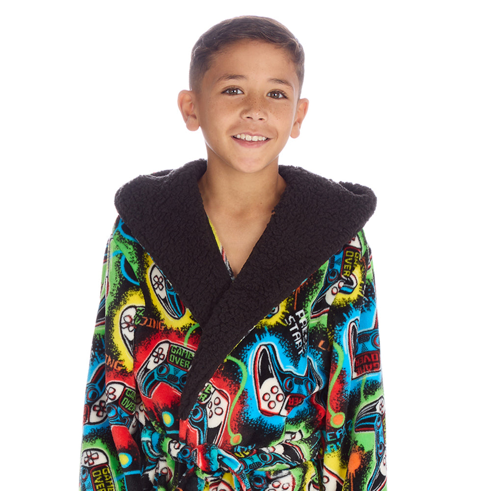 Boys Black Gamer Hooded Dressing Gown 