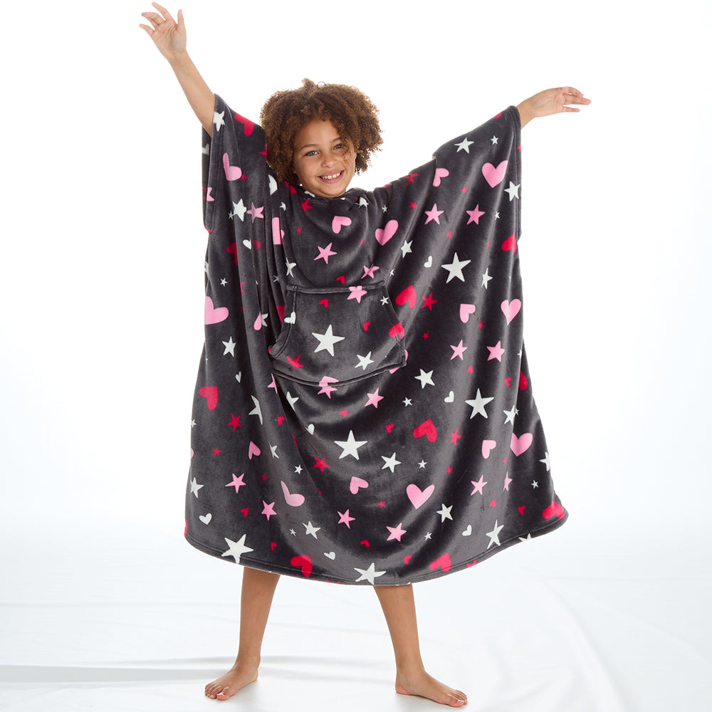 Girls Hearts Grey Poncho Hooded Blanket