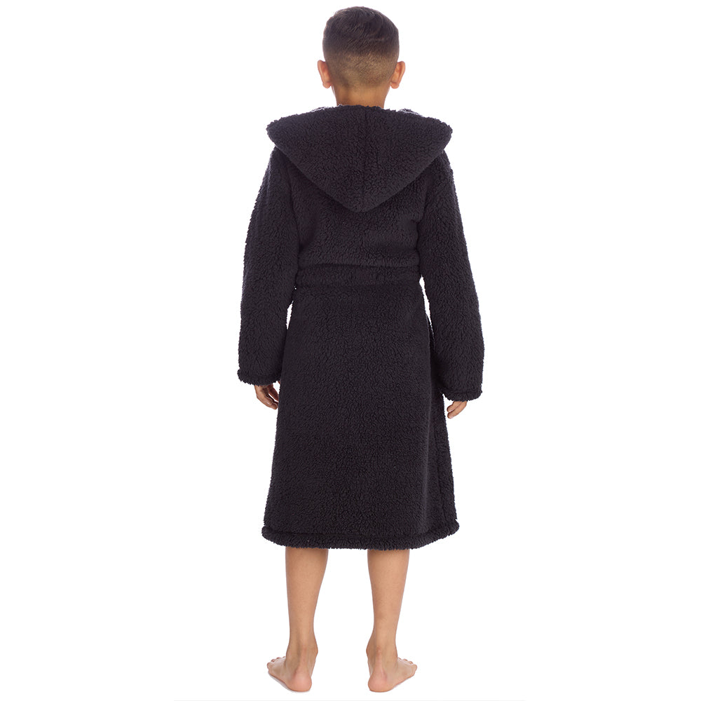 Boys Black Teddy Fleece Dressing Gown