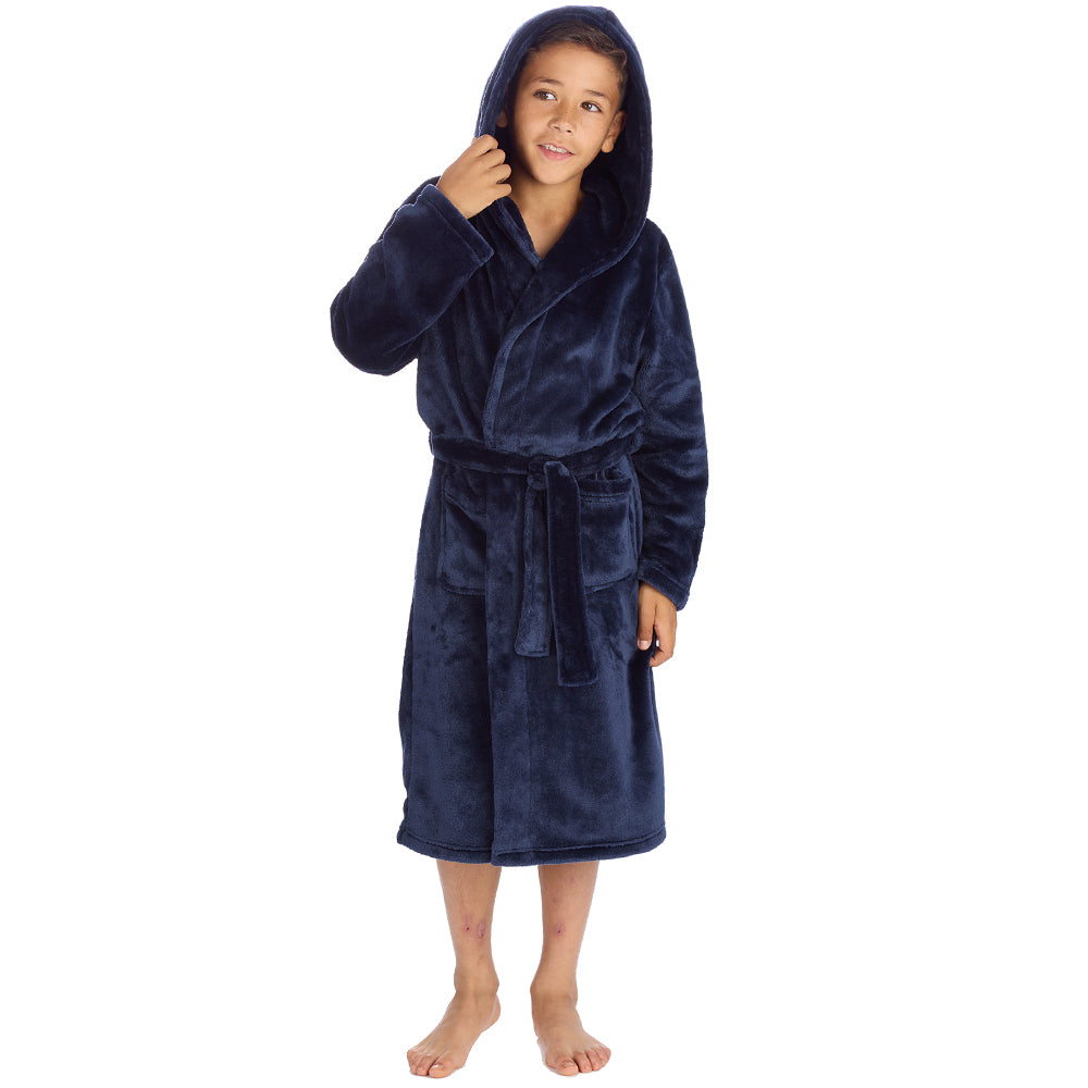 Boys Plain Navy Hooded Dressing Gown