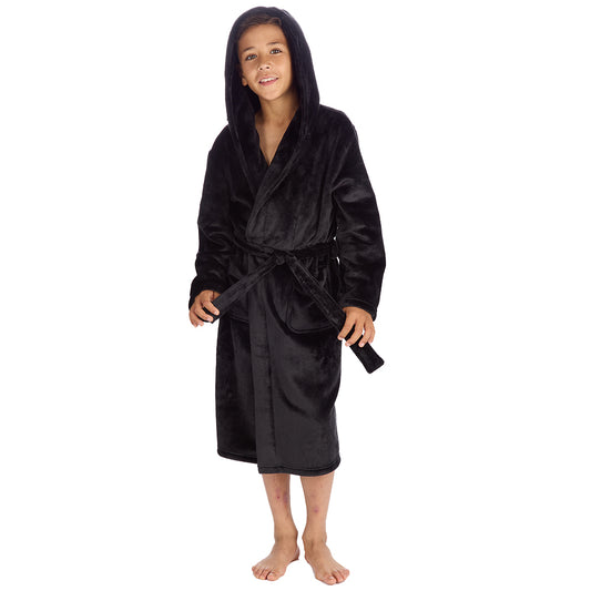 Boys Plain Black Hooded Dressing Gown