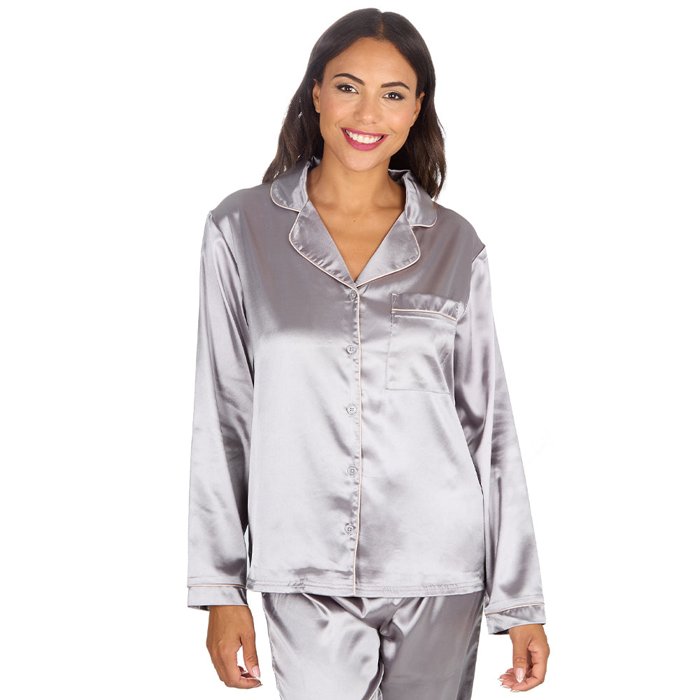 Ladies Silver Silky Satin Long Pyjama Set