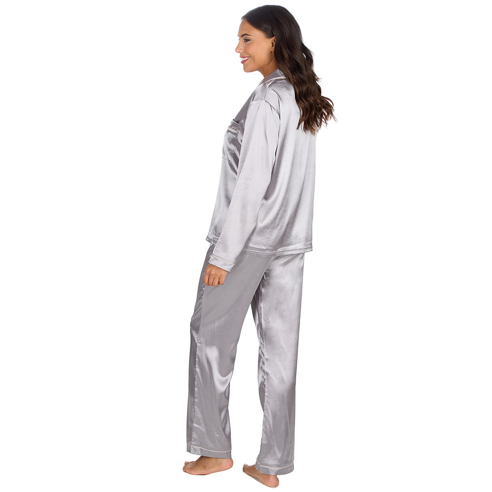 Ladies Silver Silky Satin Long Pyjama Set