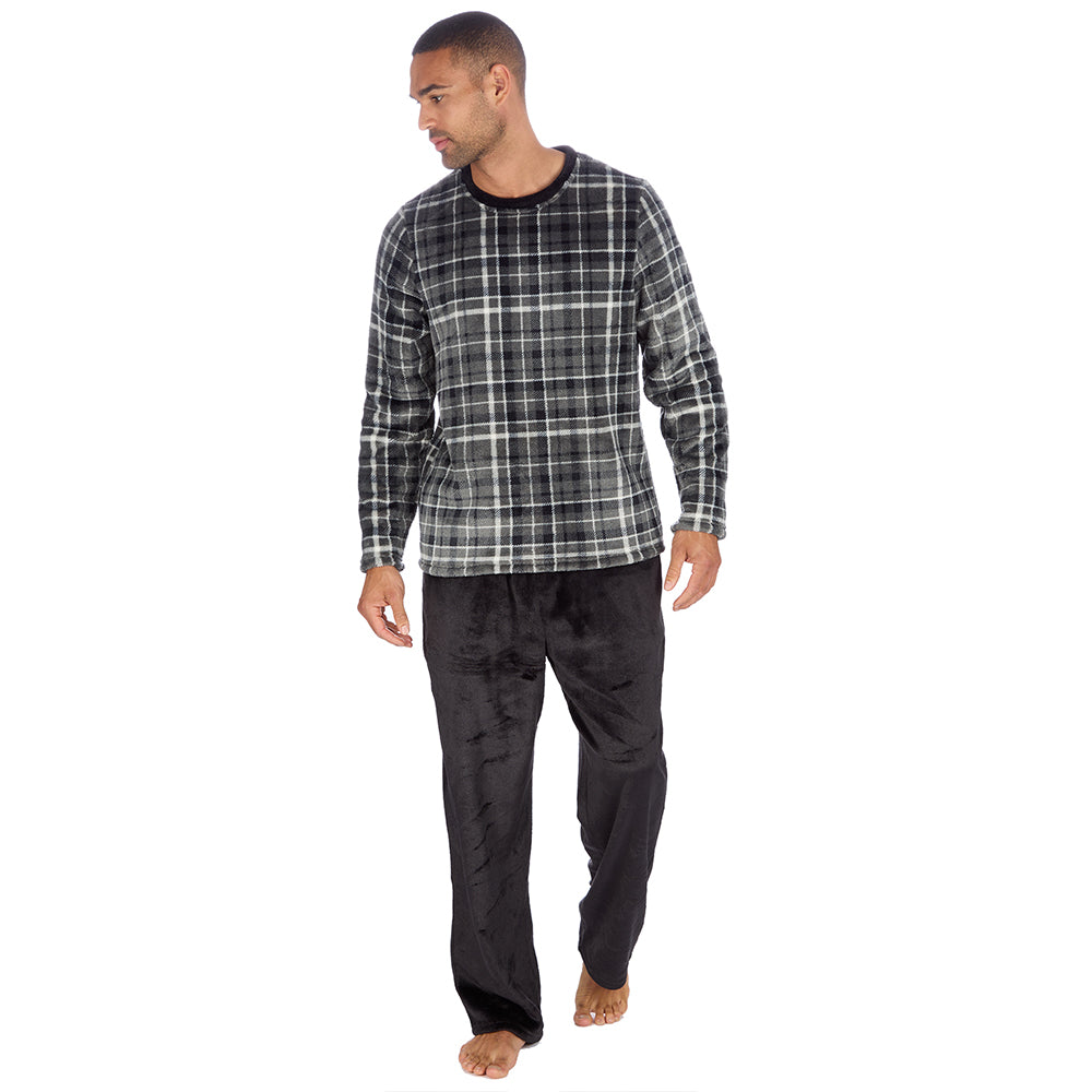 Mens Checked Black Fleece Pyjama Set