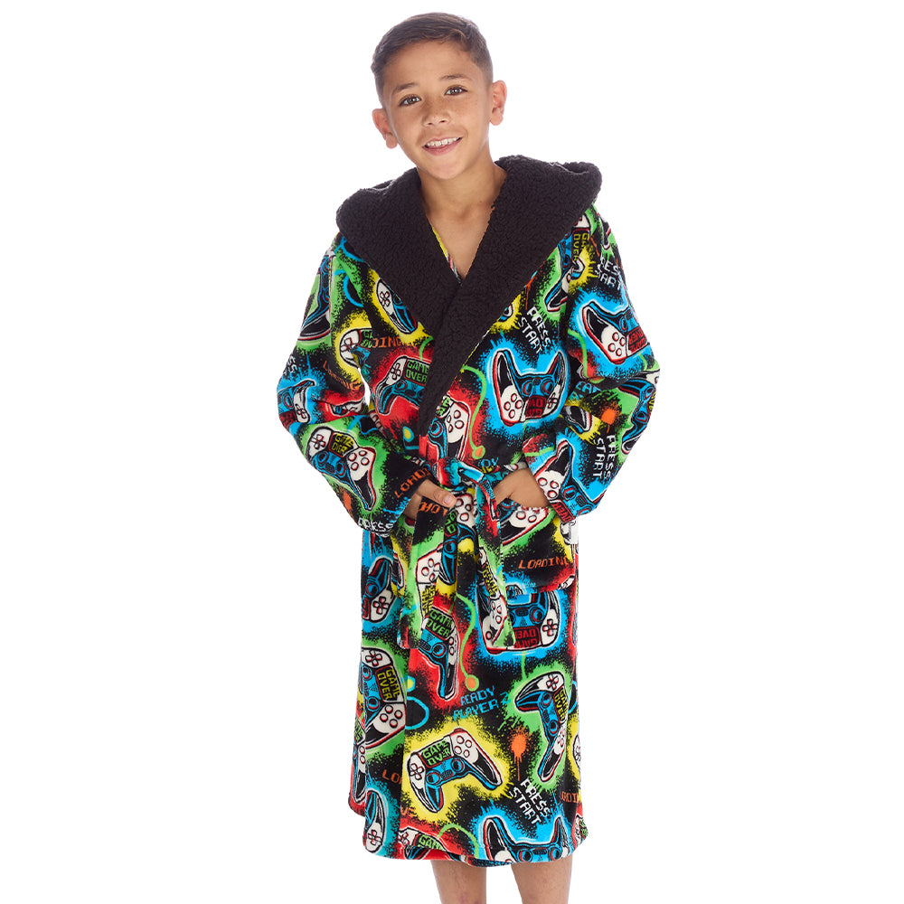 Boys Black Gamer Hooded Dressing Gown 