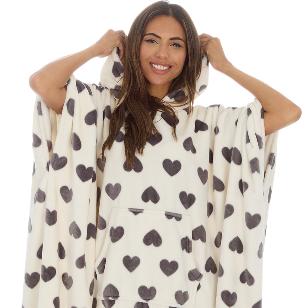 Ladies Hearts Cream Poncho Hooded Blanket