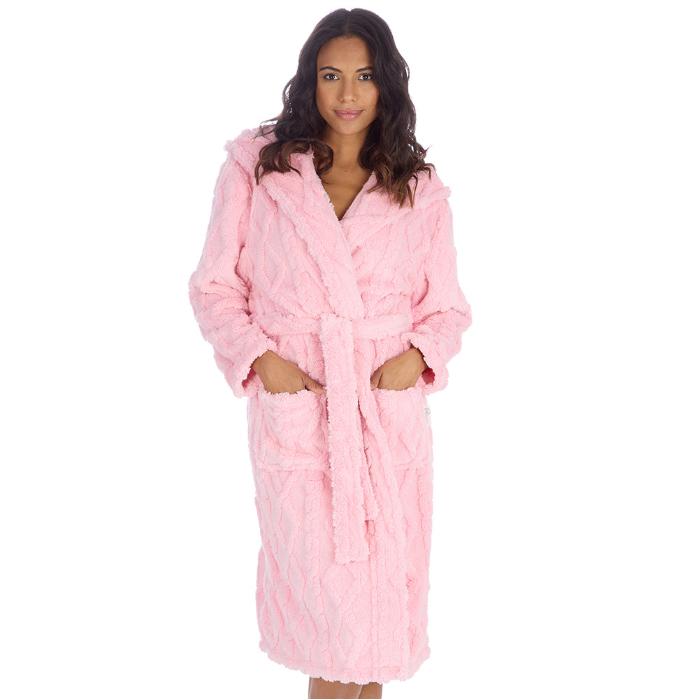 Ladies Candy Pink Jacquard Hooded Dressing Gown