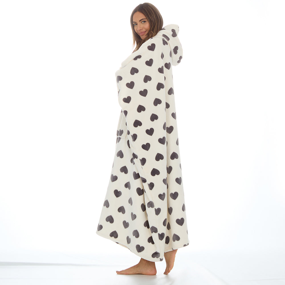 Ladies Hearts Cream Poncho Hooded Blanket