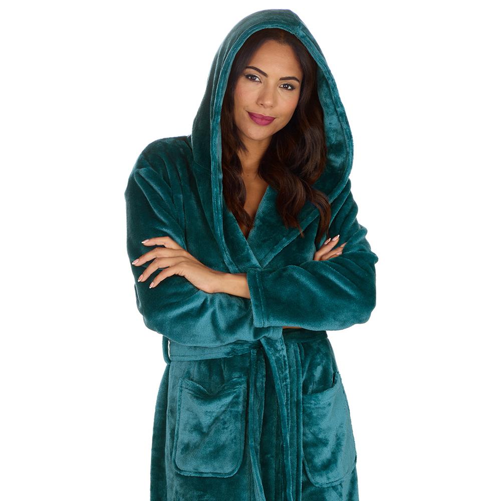 Ladies Teal Long Hooded Dressing Gown