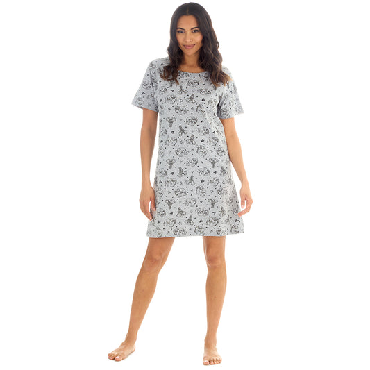 Ladies Short Sleeve Elephants Print Grey Nigthie