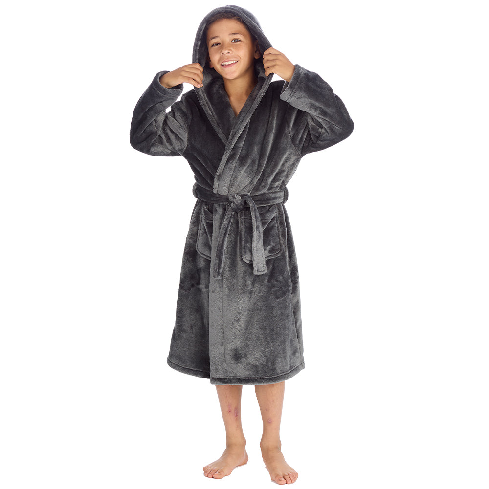 Boys Plain Charcoal Hooded Dressing Gown