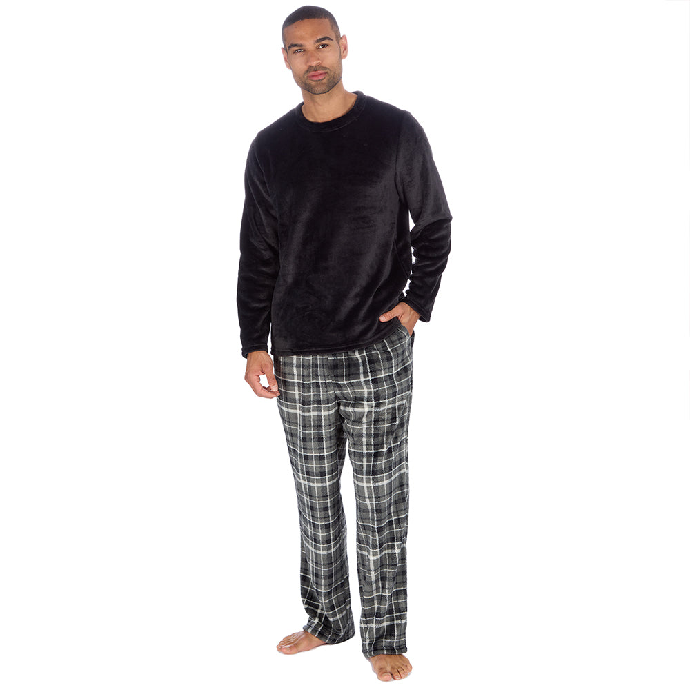Mens Black Check Fleece Pyjama Set