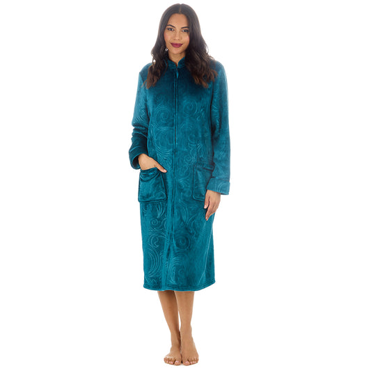 Ladies Full Zip Floral Embossed Teal Dressing Gown