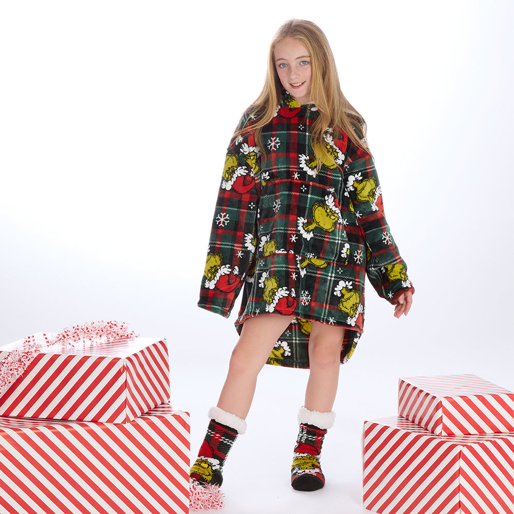 Girls Grinch Check Blanket Hoodie