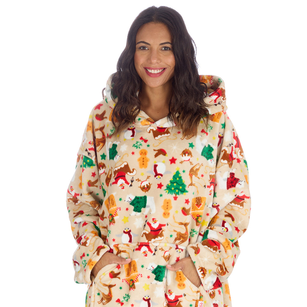 Ladies Cream Christmas Fleece Blanket Hoodie