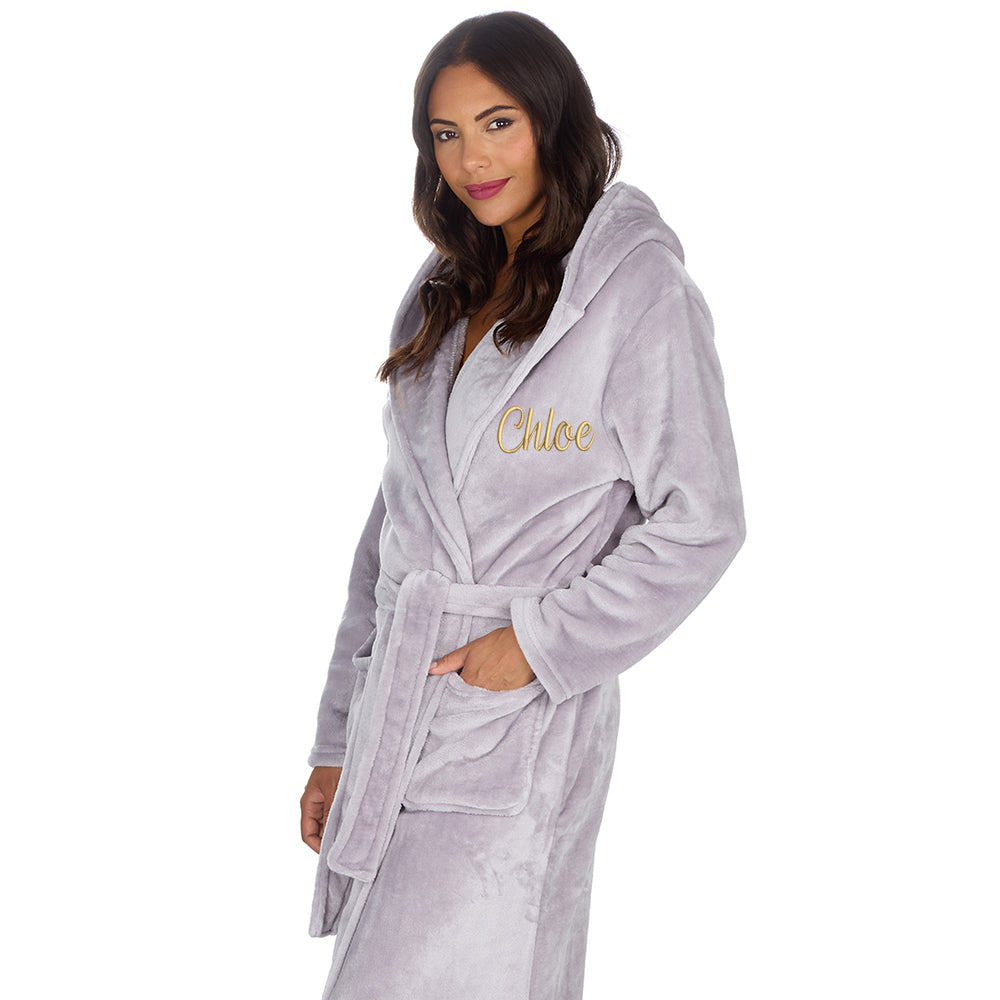 Personalised Ladies Silver Long Hooded Dressing Gown