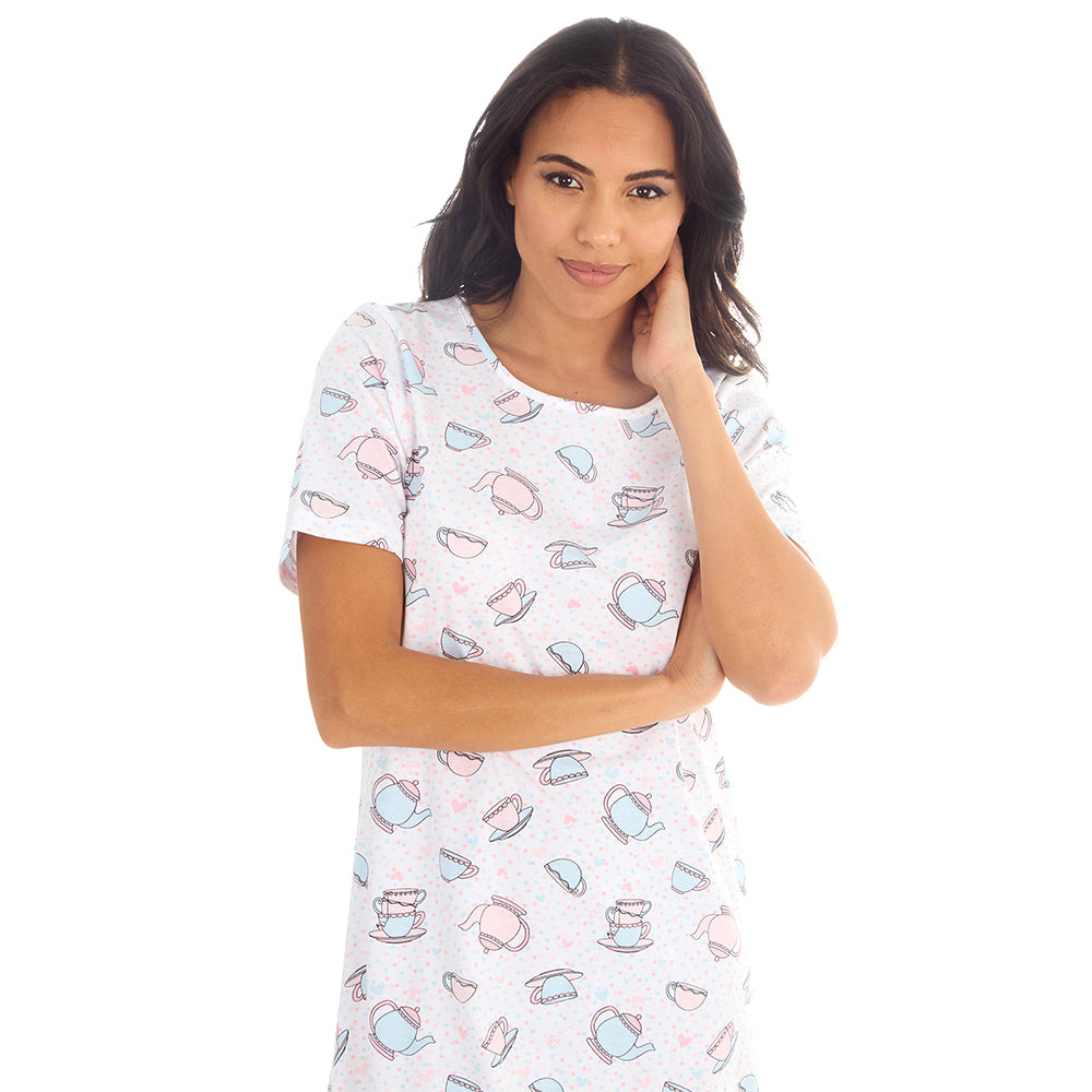 Ladies Short Sleeve Teatime Print White Nigthie