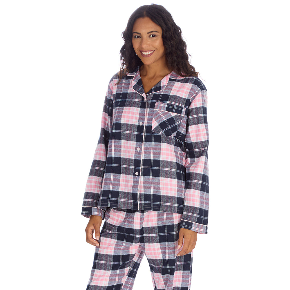 Ladies Pink Check Brushed Flannel Pyjama Set