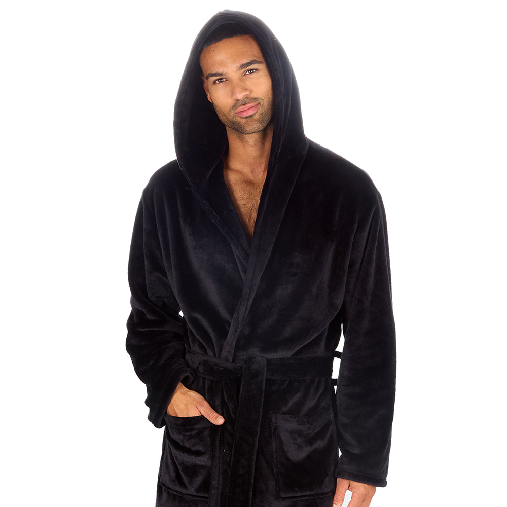 Mens Plain Hooded Black Dressing Gown