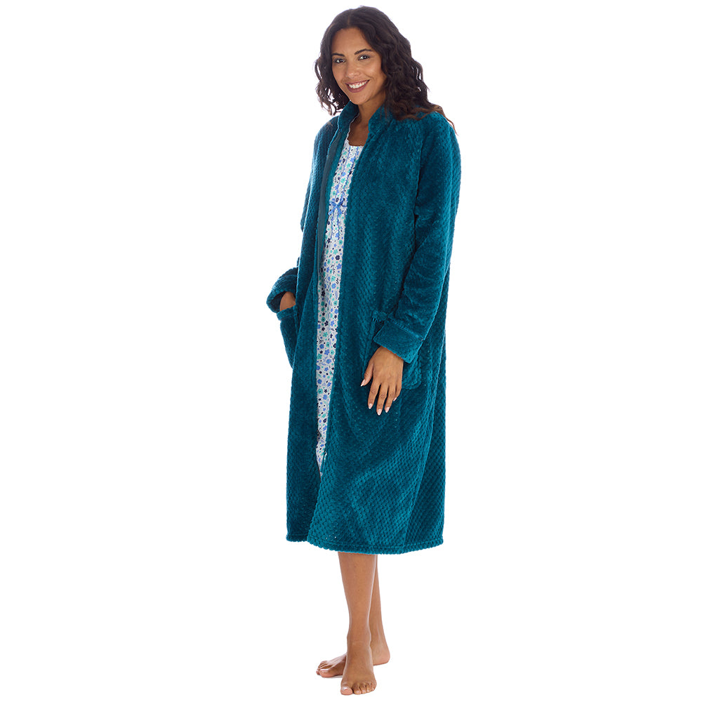 Ladies Full Zip Waffle Teal Dressing Gown