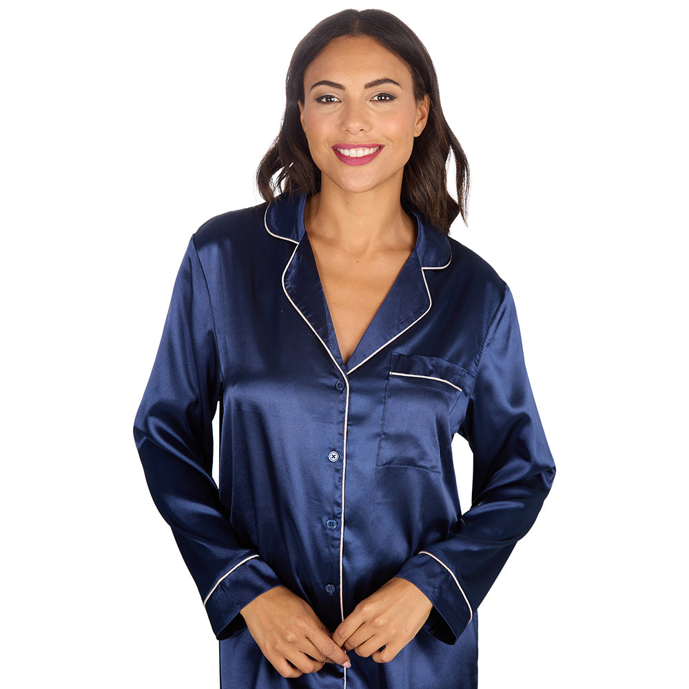 Ladies Navy Silky Satin Nightshirt