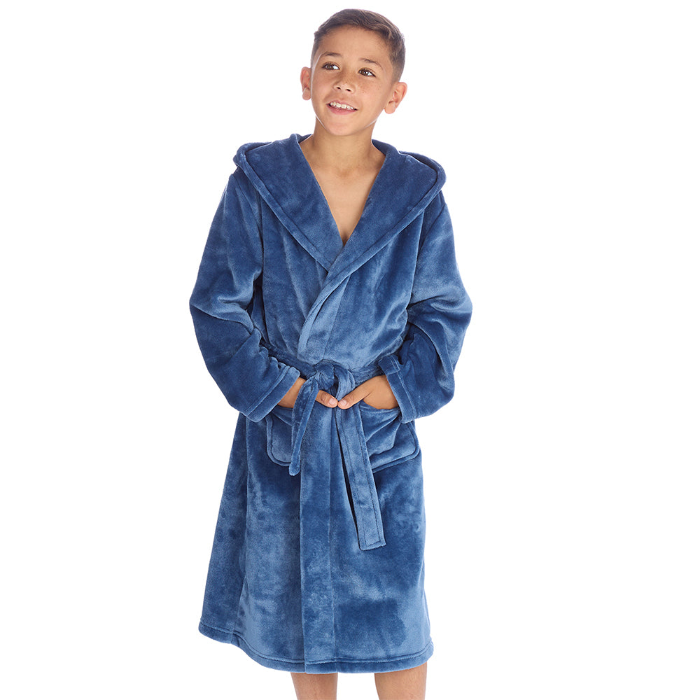 Boys Plain Blue Hooded Dressing Gown
