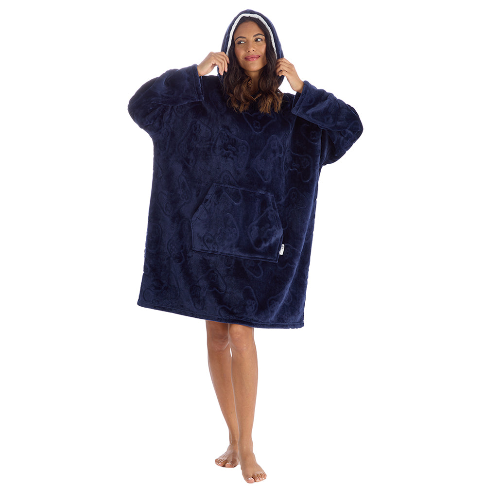 Ladies Navy Gamer Embossed Blanket Hoodie