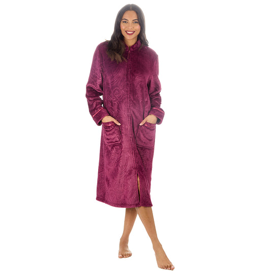 Ladies Full Zip Floral Embossed Burgundy Dressing Gown
