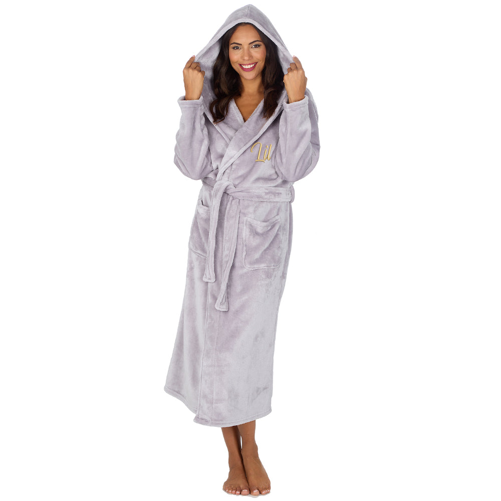 Personalised Ladies Silver Long Hooded Dressing Gown