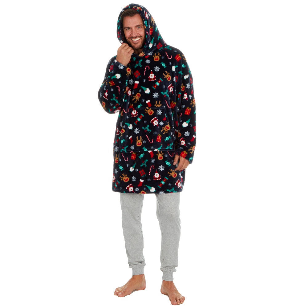 Mens Navy Christmas Print Blanket Hoodie