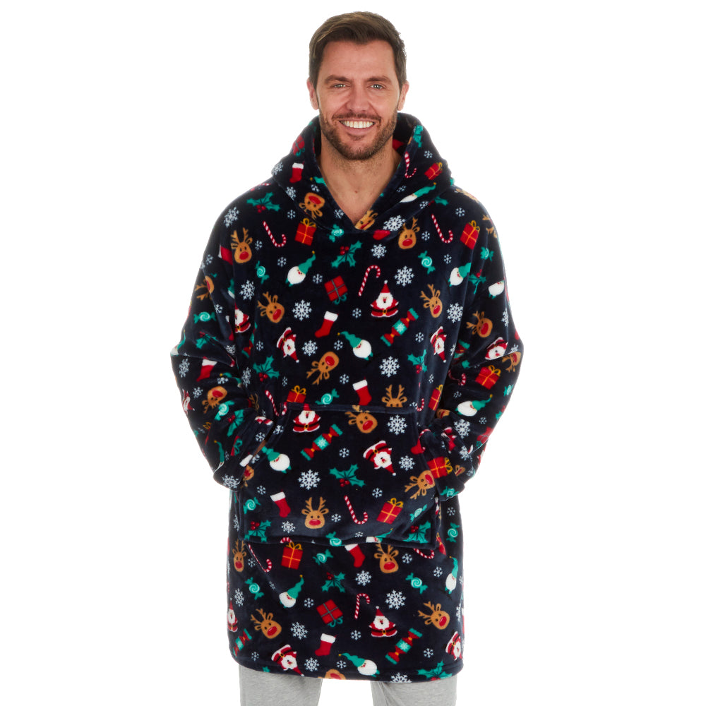 Mens Navy Christmas Print Blanket Hoodie