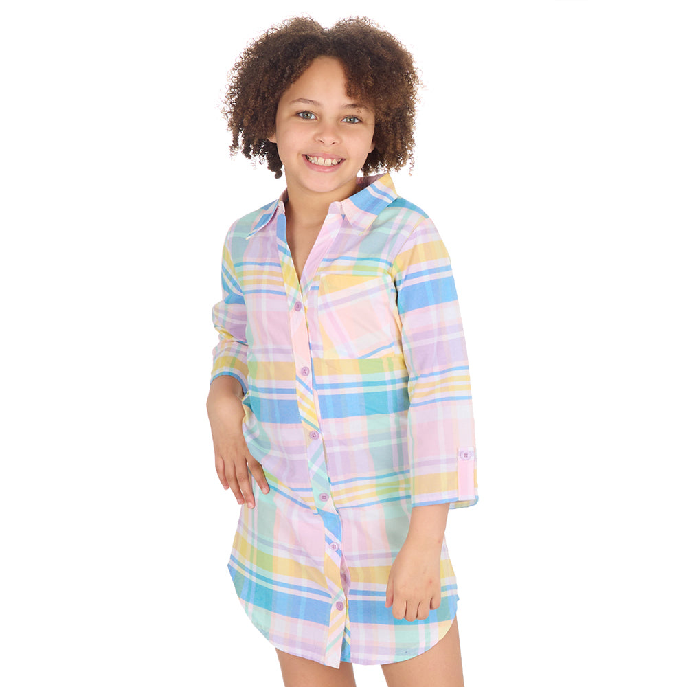 Girls Rose Pink Check Woven Nightshirt