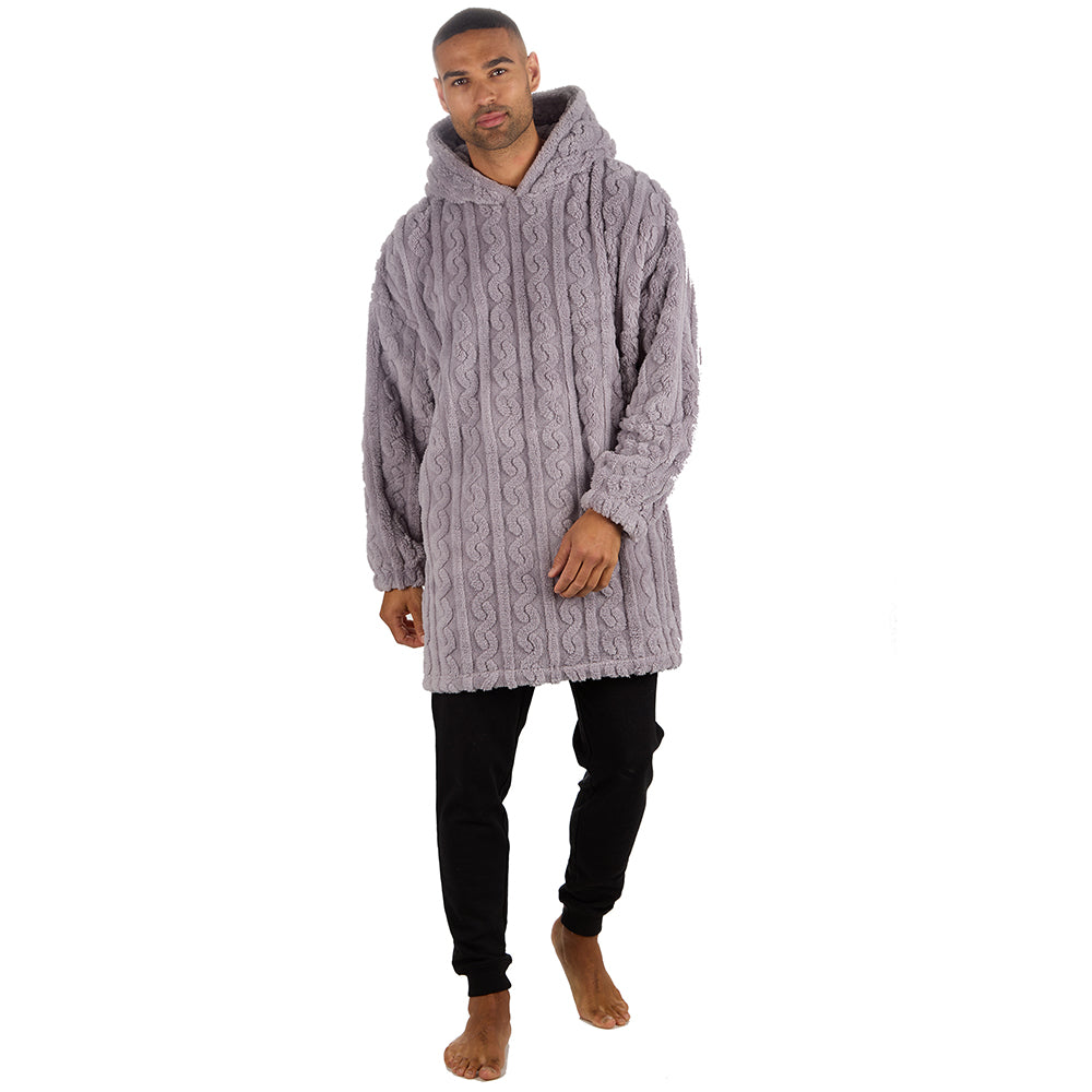 Mens Grey Cable Sherpa Fleece Blanket Hoodie