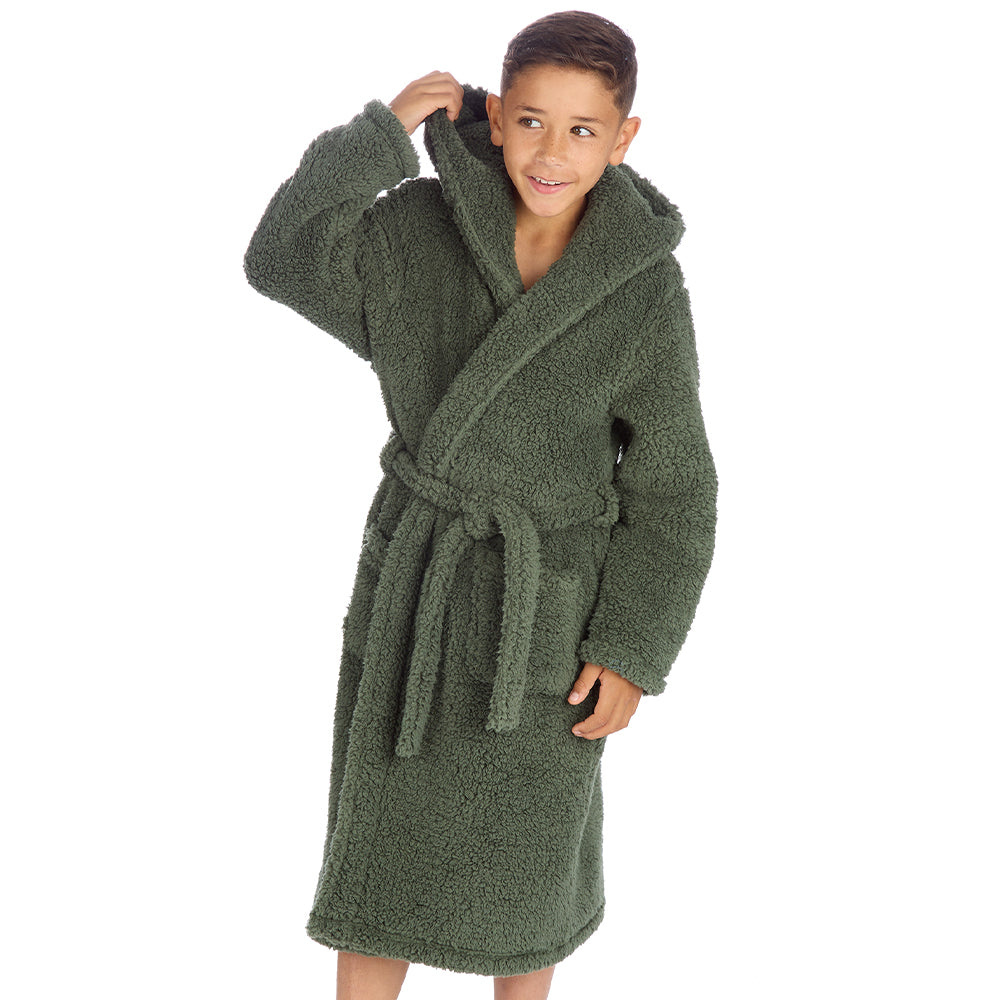 Boys Olive Teddy Fleece Dressing Gown